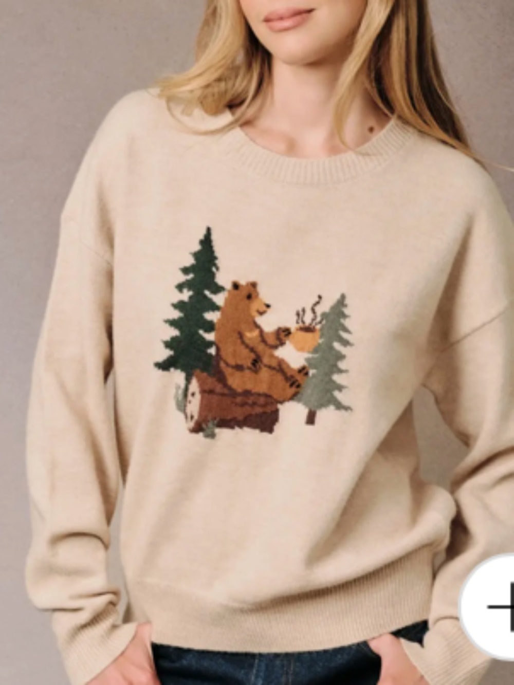 Sunday Edition tan crew neck sweater with bear setting on log